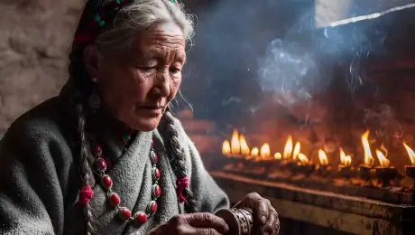 An elderly Tibetan woman with weather-worn skin and braided hair gently spins a wooden prayer wheel in her hands, her lips moving in a rhythmic silent mantra. The thick incense smoke swirls and drifts through a sharp shaft of sunlight from an unseen window, while a row of butter lamps flickers and dances on the wooden shelf behind her. The camera performs a slow cinematic zoom-in, focusing on the intricate details of her jewelry and the serene expression on her face, with a subtle handheld organic shake. 4k, 60fps, highly detailed, realistic texture, cinematic color grading, volumetric lighting, photorealistic.