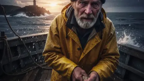 The weathered fisherman in his yellow oilskin coat strains with intense effort, pulling a thick, brine-soaked rope hand-over-hand across the swaying wooden deck. Salt spray and heavy rain whip violently against his face, his white beard glistening with moisture as he squints against the gale. In the background, massive waves crash over the gunwales and against the distant lighthouse cliff, while the boat rolls and pitches dramatically on the dark, churning sea. The camera employs a dynamic handheld shake to simulate the rough waters, executing a slow, tension-filled zoom-in on the man's grit-strewn face, capturing the dramatic volumetric lighting of the setting sun piercing through dark storm clouds. 4k, 60fps, motion blur, highly detailed, realistic texture, cinematic color grading, photorealistic.