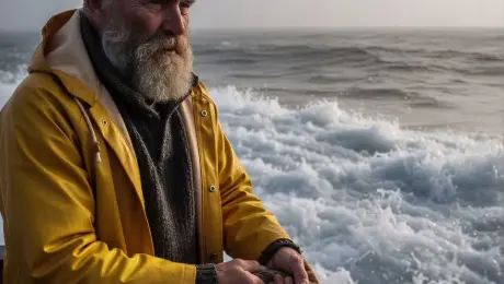 Weathered elderly fisherman in a bright yellow raincoat grips and pulls a thick, brine-soaked rope with straining effort; sea spray splashes against his wrinkled face as he blinks against the wind while the boat heaves rhythmically on the choppy, white-capped ocean waves. Handheld tracking shot with realistic camera shake, slowly zooming into the fisherman's intense, determined eyes. Misty maritime atmosphere with volumetric light filtering through dense sea fog, water droplets glistening on the raincoat's texture. 4k, 60fps, highly detailed, cinematic color grading, photorealistic, slow motion splashes.