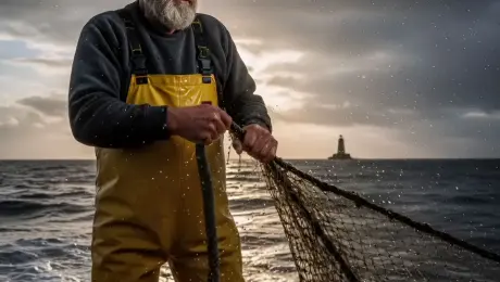 The weathered fisherman exerts grit and strength, pulling a heavy seawater-soaked net onto the deck. Water droplets spray and fly off the net fibers, illuminated by the golden sun. His thick beard and beanie flutter in the salt-laden wind while his eyes narrow against the crashing waves. Behind him, the ocean surges with white foam and the distant lighthouse flickers amidst fast-moving storm clouds. A cinematic handheld camera shake simulates the boat's motion, slowly zooming in on the fisherman’s strained expression. Dramatic volumetric lighting, 4k, 60fps, realistic water textures, cinematic color grading, photorealistic.