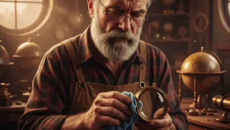 Elderly master craftsman with a silver beard meticulously polishing a brass-rimmed magnifying glass with a soft blue microfiber cloth, dust particles dancing in the golden sunbeams, he slightly tilts his head to inspect the lens with a focused gaze. Slow macro zoom-in transitioning to a shallow depth of field, subtle handheld sway. Background features ancient globes and intricate clockwork gears slowly rotating. Warm volumetric lighting streaming through a round window, rich wooden textures and metallic glints, cinematic color grading, 4k, 60fps, photorealistic, highly detailed.