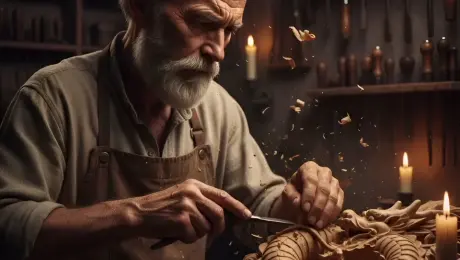 Elderly master woodcarver with a weathered face and white beard meticulously chiseling an intricate wooden dragon sculpture, wood shavings and fine sawdust exploding and swirling in slow motion around his hands. Cinematic macro zoom-in focusing on the sharp tool tip as it peels wood away, accompanied by subtle flickering candlelight and dancing dust motes in the warm golden atmosphere. 4k, 60fps, slow motion, highly detailed, realistic texture, cinematic color grading, volumetric lighting, photorealistic.