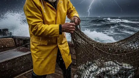 The grizzled fisherman in a bright yellow raincoat strains as he hauls a heavy net brimming with wriggling fish onto the deck. His beard and raincoat flap violently in the gale-force winds, while heavy rain and sea spray drench his face. In the background, massive waves crash against the boat and a jagged bolt of lightning illuminates the dark, turbulent clouds. Handheld camera shake with a slow, dramatic zoom-in on the fisherman's intense, weathered face. Cinematic lighting, volumetric storm clouds, hyper-realistic water physics, 4k, 60fps, slow motion, motion blur.