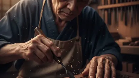 The master woodcarver with silver hair and weathered skin meticulously pushes a sharp chisel across the dark wood board, intricate dragon patterns emerging under his steady hands; fine wood shavings curl and fly away in slow motion as he breathes out slowly. The camera starts with an extreme macro close-up of the chisel tip carving the wood, then performs a slow, cinematic zoom-in towards the craftsman's focused eyes, showing a shallow depth of field. Golden sunlight streams through the workshop window in the background, creating dramatic volumetric light beams where dust motes swirl and dance in the air. 4k, 60fps, slow motion, motion blur, highly detailed, realistic wood texture, cinematic color grading, volumetric lighting, photorealistic.
