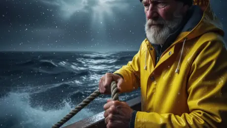 The weathered elderly fisherman in his vibrant yellow raincoat grips the wet, heavy rope with tensed muscles; his grey beard and beanie flutter in the gale-force wind while sea spray splashes across his face, causing him to squint and blink. The camera performs a slow, intense zoom-in on his determined eyes, incorporating a gritty handheld shake to simulate the violent rocking of the wooden boat. In the background, massive dark swells crash against the hull, sending plumes of white foam into the air, while heavy rain falls diagonally and clouds sweep rapidly across the moonlit sky. 4k, cinematic color grading, hyper-realistic textures, volumetric lighting, slow motion, highly detailed.
