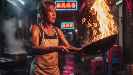 The muscular street chef vigorously tosses a heavy wok, sending a massive pillar of orange flame roaring upward as noodles and ingredients dance in mid-air. Sweat glistens and drips down his focused face in the intense heat. Thick plumes of white steam swirl from large boiling pots in the background, while red and blue neon signs flicker and reflect on the damp, glistening alleyway pavement. A dynamic tracking camera orbits the chef in a slow semi-circle, starting with an extreme close-up on the roaring fire and slowly zooming out to reveal the gritty, atmospheric night market. Subtle handheld camera shake, 4k, 60fps, slow motion fire dynamics, highly detailed skin textures, cinematic orange and teal color grading, volumetric steam, photorealistic.