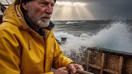 A grizzled elderly fisherman in a vibrant yellow oilskin jacket and navy beanie grips a heavy, salt-encrusted rope with intense focus. His white beard and the hood of his jacket flutter violently in the sea gale as he leans his body weight back against the tension of the line. Massive waves crash against the ship's hull, sending a dramatic explosion of white sea spray and mist across the wooden deck in slow motion. The camera executes a dynamic low-angle tracking shot that slowly pushes in toward his weathered face, incorporating a subtle handheld shake to simulate the turbulent rocking of the vessel. Crepuscular rays break through the dark, churning clouds, creating high-contrast volumetric lighting and glistening reflections on the wet surfaces. 4k, 60fps, realistic water physics, cinematic color grading, photorealistic, highly detailed.