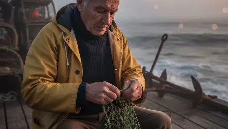 The elderly fisherman in the weathered yellow raincoat meticulously mends a green nylon net with his calloused fingers, his hands moving with practiced precision as he weaves and tightens the knots. His head tilts slightly to inspect the mesh, and he takes a deep, visible breath as his eyes blink slowly in concentration. In the background, the turbulent ocean waves crash rhythmically against the wooden pier, sending fine sea spray into the misty air, while the yellow fabric of his coat and the loose ends of the net flutter in the gusty salt breeze. The camera performs a slow, intimate cinematic push-in towards his weathered face and working hands, capturing the realistic texture of his wrinkled skin and the wool fibers of his turtleneck. Soft, golden twilight glows from the horizon, illuminating shimmering dust particles and sea mist with volumetric lighting. 4k, 60fps, highly detailed, photorealistic, cinematic color grading, subtle handheld camera movement.