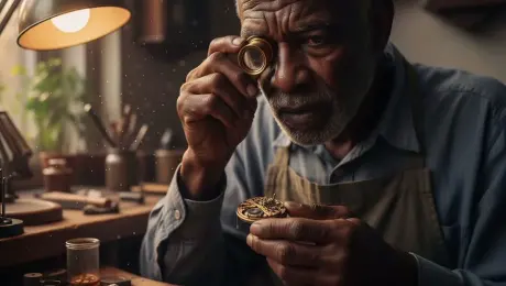 An elderly Black watchmaker with deeply lined skin and a silver beard peers intently through a jeweler’s loupe, his eyes blinking slowly as he meticulously adjusts a tiny golden gear with a precision tool; subtle dust motes dance in the warm glow of the desk lamp while the gears within the watch begin to rotate with mechanical grace. The camera performs a slow macro zoom-in on the jeweler’s loupe, transitioning into a shallow depth-of-field rack focus from his focused expression to the intricate inner workings of the timepiece. The atmosphere is filled with a nostalgic, warm amber light casting soft shadows across the wooden workbench, with the faint movement of clock hands visible on the wall behind him. 4k, 60fps, slow motion, highly detailed, realistic skin texture, cinematic color grading, volumetric lighting, photorealistic.