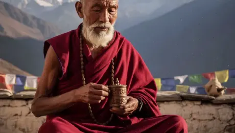 The elderly monk in maroon robes slowly rotates the ornate bronze prayer wheel, his weathered fingers rhythmically sliding along the wooden prayer beads. A sharp mountain breeze causes his long white beard and the edges of his robes to sway gently, while the colorful prayer flags in the background flap vigorously against the clear blue sky. In the distance, wispy clouds move in a time-lapse effect over the jagged, snow-capped Himalayan peaks as shimmering dust particles dance in the warm golden sunlight. The camera performs a slow, cinematic zoom-in towards the monk's serene face, capturing the fine textures of his skin and the peaceful closing of his eyes. 4k, 60fps, slow motion, volumetric lighting, photorealistic, cinematic color grading, highly detailed.