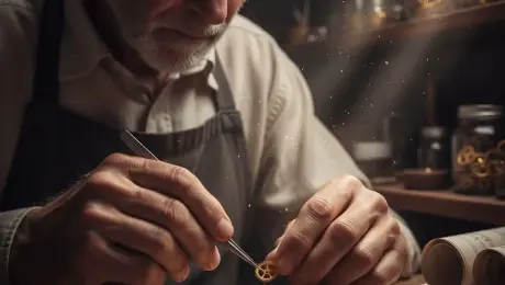 An elderly master watchmaker with a silver beard and a jeweler’s loupe meticulously adjusts a tiny gear within an antique gold pocket watch. His steady hands use tweezers to nudge the delicate mechanism as his eyes blink with intense focus. Ethereal dust motes swirl in the golden shafts of volumetric light streaming through the workshop window. The camera performs an extreme macro rack focus from the intricate watch gears to the craftsman's weathered face, followed by a slow cinematic push-in. High-detail textures, 4k, 60fps, slow motion, photorealistic, warm cinematic color grading, soft bokeh background.