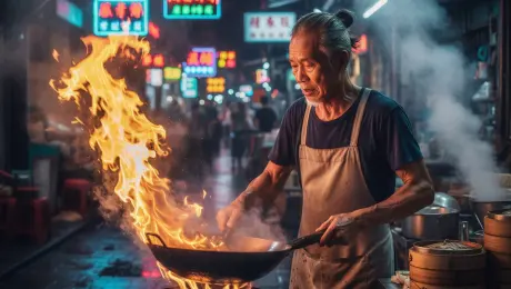 The elderly chef tosses the heavy wok with expert precision, causing massive orange flames to surge and dance violently upwards. Billowing white steam swirls around his focused face and rises rapidly from the stacked bamboo steamers. In the background, vibrant neon signs flicker and reflect on the rain-slicked pavement. The camera executes a low-angle slow zoom-in towards the chef’s intense expression, accompanied by a subtle cinematic handheld shake to capture the heat and energy. Volumetric lighting, photorealistic textures, 4k, 60fps, slow motion fire, cinematic color grading, highly detailed.