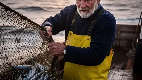 The grizzled fisherman with a white beard strains as he hauls the heavy net; inside, hundreds of silver fish flop and shimmer, spraying droplets of seawater. The fisherman's eyes narrow in concentration while the boat gently rocks on the rolling ocean swells. Slow cinematic zoom-in on the fisherman’s weathered face, capturing the subtle movement of his breath in the cool air. Golden hour light bathes the scene in a warm, orange glow with high-contrast shadows. 4k, 60fps, photorealistic, cinematic color grading, volumetric lighting, highly detailed textures.