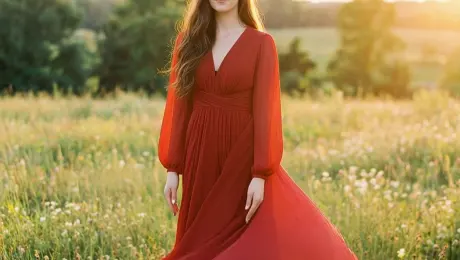 Have the girl in red perform the same actions as in the reference video.