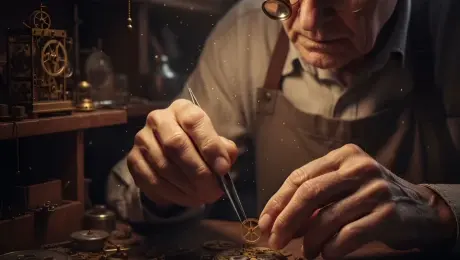 An elderly watchmaker with a jeweler’s loupe meticulously adjusts a tiny gold gear with tweezers. His weathered hands move with extreme precision while fine dust particles swirl through the warm, golden beam of a desk lamp. The background clocks subtly tick in the soft-focus shadows. Slow macro zoom-in on the watch mechanism, followed by a smooth focus rack to the craftsman's concentrated eyes. Cinematic volumetric lighting, 4k, 60fps, slow motion, highly detailed textures, photorealistic, moody workshop atmosphere.