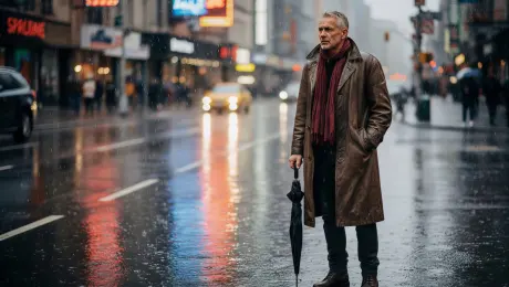 Modify existing image: Retain the man’s face, gray hair, and umbrella-holding pose. Replace the brown leather coat with a matte black tech-wear trench coat featuring cyan neon trim. Swap the red scarf for a dark gray tactical neck gaiter. Transform the background into a cyberpunk alleyway with holographic billboards. Replace streetlights with floating drone lights. Ground reflections should show magenta and teal neon. Atmosphere: futuristic noir. Technical: Photorealistic, 8k resolution, cinematic lighting, sharp detail.