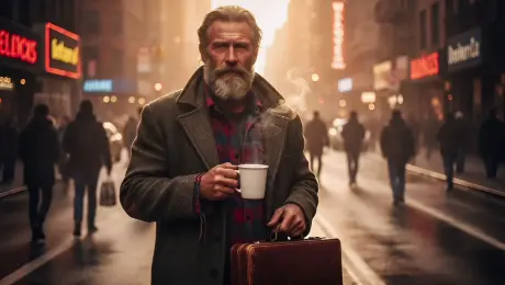 Maintain the elderly man's facial features, gray beard, and intense expression. Replace his wool overcoat with a dark, weathered leather duster featuring brass buckles and worn edges. Change the red plaid shirt to a charcoal-gray linen tunic with a high collar. The white mug remains in his hand, but its surface should be transformed into oxidized copper with intricate Victorian-style engravings, still emitting thick, realistic steam. Replace the brown leather briefcase with a heavy, steam-powered brass chest featuring visible interlocking gears and a small glowing pressure gauge on the front. Transform the background from a modern city into a 19th-century steampunk London alleyway at dusk; replace the neon signs with flickering gas-fueled street lamps and iron-wrought shop signs. Add a thick, yellowish London fog swirling around the man's legs and replace the wet asphalt with uneven cobblestone streets. Lighting should be low-key and dramatic, dominated by the warm orange glow of the gas lamps and deep shadows. Cinematic steampunk aesthetic, hyper-realistic textures, 8k resolution, volumetric lighting.