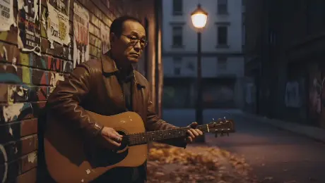 Modify the original image by keeping the older Asian man’s facial features, glasses, and posture while transforming the setting into a futuristic cyberpunk alleyway. Replace the brown leather jacket with a matte black tech-wear jacket featuring glowing orange fiber-optic piping along the seams. Replace the wooden acoustic guitar with a sleek, headless electric guitar made of polished chrome and translucent purple resin, with glowing neon fret markers. Change the brick wall and paper posters into a dark metallic bulkhead covered in flickering holographic advertisements and vertical neon signs in various languages. Replace the autumn leaves on the ground with wet, dark pavement reflecting vibrant cyan and magenta lights from surrounding neon signs. Replace the warm streetlamp with a floating, hexagonal drone light emitting a cool white clinical glow. Atmosphere: rainy, high-tech noir, cinematic. Technical specifications: hyper-realistic photography, 8k resolution, deep contrast, ray-traced reflections, sharp focus on the man and guitar.