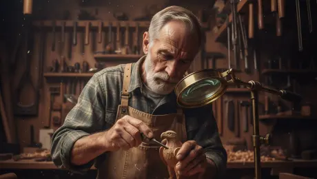 The elderly woodcarver meticulously carves the feathers of a wooden eagle with a sharp chisel, his hands steady as thin wood shavings curl away and fall onto the workbench. Dust motes swirl through the warm amber light of the workshop, and his eyes blink with deep concentration through the large magnifying lens. A slow macro zoom-in focuses on the fine detail of the carving, followed by a subtle focus rack to the craftsman’s weathered face. The atmosphere is filled with cinematic volumetric lighting and a moody, nostalgic workshop vibe. 4k, 60fps, slow motion, realistic texture, cinematic color grading, photorealistic, highly detailed.