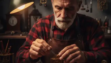 The elderly clockmaker with a silver beard and focused expression, wearing a red flannel shirt and a worn leather apron, uses fine tweezers to carefully adjust a tiny brass gear within the intricate clock mechanism; his fingers move with delicate precision while dust motes dance in the warm lamp light, and in the blurred background, antique clock pendulums swing in a steady rhythm. Slow cinematic zoom-in, transitioning from a medium shot of the craftsman to a macro close-up of the mechanical components. Warm amber lighting from the vintage desk lamp creates deep shadows and highlights the metallic sheen of the gears, creating a cozy and nostalgic workshop atmosphere. 4k, 60fps, slow motion, motion blur, highly detailed, realistic texture, cinematic color grading, volumetric lighting, photorealistic.