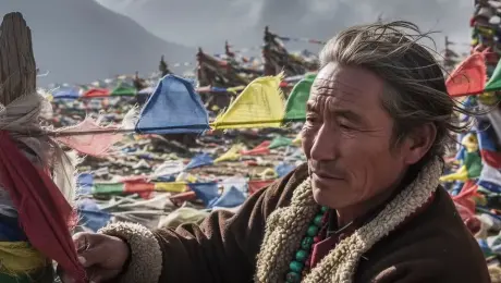 The weathered elderly Himalayan man meticulously ties vibrant red, blue, and yellow prayer flags to a rustic wooden post, his gray hair blowing wildly in the high-altitude wind. The colorful fabric flutters and snaps with high-energy motion against the backdrop of jagged, mist-shrouded mountain peaks where clouds flow rapidly in a time-lapse effect. Slow cinematic zoom-in on the man's focused expression and calloused hands, transitioning into a slight pan to reveal the vast, awe-inspiring wilderness. Cold alpine atmosphere with soft morning sunlight filtering through the fog, volumetric lighting hitting the swirling dust, 4k, 60fps, cinematic color grading, realistic textures, highly detailed, photorealistic.