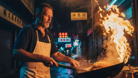 A seasoned street food chef with a rugged beard and intense focus tosses noodles vigorously in a heavy wok; a massive burst of orange flame erupts, licking upwards and illuminating his weathered face. Steam and smoke swirl around him in thick layers while sparks fly from the pan. His eyes blink through the heat as the muscles in his arms tense with the movement. The camera executes a tracking shot starting from the sizzling food, panning up to his face, followed by a subtle slow-motion zoom-in as the flame reaches its peak. The scene is set in a moody cyberpunk alleyway at night, with raindrops glistening on the wet asphalt reflecting vibrant neon signs in cyan and magenta. Volumetric lighting from a street lamp pierces through the heavy cooking haze. 4k, 60fps, slow motion, motion blur, highly detailed, realistic texture, cinematic color grading, volumetric lighting, photorealistic.