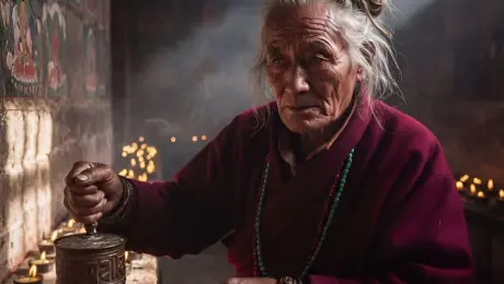 An elderly Tibetan woman with deeply weathered skin and silver hair tied in a bun spins a heavy brass prayer wheel with a steady, rhythmic motion. Her eyes blink slowly with profound devotion as wisps of incense smoke swirl through dramatic light rays streaming from a high window. The golden flames of numerous butter lamps flicker in the foreground, casting dancing shadows on the ancient mural-covered walls. The camera performs a slow, intimate zoom-in on her face, capturing the fine details of her expression and the warm glow of the firelight. 4k, 60fps, cinematic color grading, volumetric lighting, photorealistic, highly detailed, slow motion.