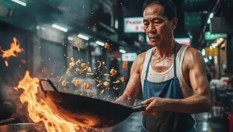 A middle-aged street chef with glistening sweat on his skin vigorously tosses a heavy wok, sending noodles and ingredients flying in a synchronized arc as massive orange flames roar from the stove. The chef blinks with intense focus while steam, smoke, and glowing embers swirl around him in the humid night air. A dynamic low-angle camera slowly zooms in on his face, capturing the heat distortion and the flickering reflection of the emerald green "Dragon Noodles" neon sign. 4k, 60fps, slow motion, motion blur, highly detailed, realistic skin texture, cinematic color grading, volumetric lighting, photorealistic.