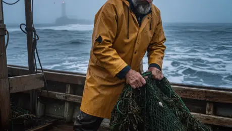 Weathered elderly fisherman in a yellow raincoat and navy beanie, hands tightly gripping and hauling a heavy green fishing net filled with seaweed and ocean debris. The fisherman's body heaves with effort, muscles in his arms tensing as he pulls the net onto the wet wooden deck; his breath is visible in the cold air, and his eyes squint against the salt spray. Subtle handheld camera shake to simulate the rocking motion of the boat, combined with a slow dolly-in towards the fisherman's focused expression. Heavy sea mist swirling around the boat, choppy waves with white foam crashing in the background, the orange flame inside the vintage lantern flickering and casting a warm glow, and the distant lighthouse beam cutting through the dense fog. 4k, 60fps, cinematic lighting, realistic textures, volumetric fog, highly detailed, photorealistic, motion blur.