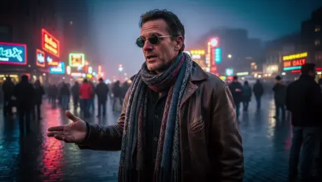 Maintain the facial features, round sunglasses, and the extended-hand gesture of the middle-aged man from the original image. Replace his brown leather jacket and scarf with a matte-black high-tech tactical trench coat featuring a high, structured collar and glowing amber fiber-optic trim along the seams. Transform his extended human hand into a highly detailed, brushed-aluminum cybernetic prosthetic with visible copper wiring and miniature hydraulic pistons. Modify the background from a foggy city square to a rain-slicked cyberpunk alleyway filled with towering 3D holographic advertisements in vibrant violet and neon green. Add heavy rainfall with realistic droplets clinging to his face and coat. The lighting should be dramatic noir-style, with sharp rim lighting in electric blue reflecting off the wet surfaces and the metallic textures of his robotic hand. Photorealistic cinematic style, 8k resolution, high-contrast atmosphere, intricate mechanical details.