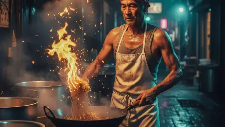 The grizzled veteran chef with glistening muscles vigorously tosses the wok, noodles caught in mid-air amidst a roaring plume of fire. Brilliant sparks and thick white steam swirl upward toward the warm overhead lamp. A slow-motion tracking shot pushes in on the intense action, capturing every bead of sweat and the flickering light on the chef's face. The gritty night market alley in the background features blurred flickering neon signs and shimmering wet cobblestones. 4k, 60fps, cinematic lighting, photorealistic, highly detailed, motion blur, slow motion.
