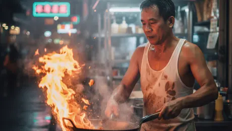 The focused street chef vigorously tosses the wok with "wok hei" technique, causing massive, vibrant flames to erupt and dance upwards in a rhythmic motion. Sweat beads glisten on his skin and drip down his face as he moves with expert precision. Thick white steam and swirling smoke billow from the pan, reacting dynamically to the heat and movement. The camera performs a slow cinematic zoom-in towards the chef's intense gaze, combined with a subtle handheld shake to capture the raw energy of the street kitchen. In the background, neon signs in teal and magenta flicker softly, while the damp night market atmosphere is filled with volumetric lighting and misty air. 4k, 60fps, cinematic slow motion, highly detailed, realistic fire physics, photorealistic textures, cinematic color grading.