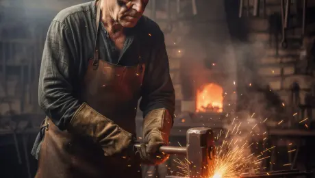 The weathered blacksmith strikes the glowing orange iron with a heavy hammer, creating a violent eruption of brilliant sparks that spray across the frame in slow motion. His focused face, smeared with soot and sweat, shows subtle muscular exertion as he breathes, while thick wisps of smoke rise from the anvil and drift through the dark workshop rafters. The camera performs a cinematic slow-motion zoom-in towards the point of impact, accompanied by a subtle handheld camera shake to emphasize the power of the blow. Volumetric lighting from the forge flickers in the background, illuminating hanging metal tools and floating embers. 4k, 60fps, photorealistic textures, cinematic color grading, high-speed photography, motion blur.