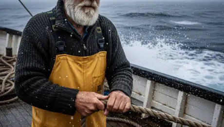 A weathered elderly fisherman with a thick white beard and intense gaze, wearing a heavy-knit grey sweater and stained yellow waterproof overalls. He tightens his grip on the thick nautical rope as the boat pitches, his beard and clothing whipping violently in the gale-force wind. Massive dark waves crash against the hull in the background, sending explosive white sea spray and mist across the deck. Dramatic handheld camera shake mimics the unstable motion of the vessel, with a slow, tension-filled cinematic zoom-in focusing on his determined expression. The atmosphere is cold and moody, featuring realistic water droplets streaking across the lens, volumetric fog, and cinematic blue-grey color grading. 4k, 60fps, photorealistic, highly detailed textures, motion blur.