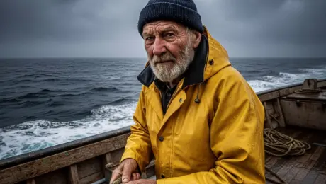 Weathered elderly fisherman in a dripping yellow raincoat and blue beanie firmly pulling a thick nautical rope; his white beard and coat hood whip violently in the gale while rain and sea spray glisten on his rugged skin. A low-angle handheld camera with realistic sea-toss shake slowly tracks toward his face, capturing the intense grit in his expression as he squints against the wind. In the background, massive dark ocean waves crash over the wooden deck under a turbulent, fast-moving stormy sky. 4k, 60fps, slow motion, motion blur, highly detailed, realistic texture, cinematic color grading, volumetric lighting, photorealistic.