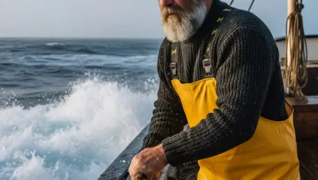 Weathered fisherman with a salt-and-pepper beard grips the thick rope tightly, his forearm muscles tensing and straining as he pulls with steady effort. Massive white-capped waves crash violently against the hull in the background, sending dynamic sea spray and mist flying into the air with realistic water physics. His beard and the fibers of his knitted sweater flutter realistically in the harsh sea breeze. Dynamic handheld tracking shot with a subtle rhythmic shake to simulate the rocking boat, followed by a slow cinematic zoom-in focusing on his weathered, determined eyes. Cold maritime atmosphere, volumetric sea spray, photorealistic textures, cinematic teal and orange color grading, 4k, 60fps, motion blur, highly detailed.