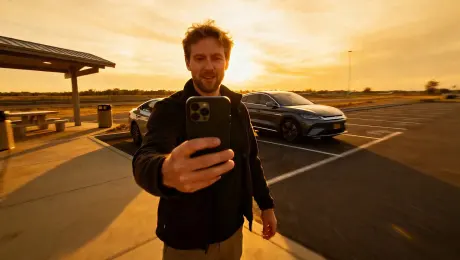 A driver films a quick car vlog at a rest stop, golden-hour sky.
Dialogue: "Pulled over just to test Veo 3.1 on WaveSpeedAI — it even got the car sounds right!"
Wind noise, moving reflections, realistic tone.