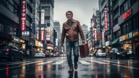 Retain the central middle-aged Asian man’s facial structure, grey hair, and walking pose. Replace his brown leather jacket with a matte black tactical exoskeleton jacket featuring glowing cyan fiber-optic seams. Swap the vintage leather suitcase for a sleek, metallic silver hexagonal briefcase with a glowing red digital lock interface on the side. Change his blue jeans into dark charcoal techwear trousers with utility straps and silver buckles. Transform the background into a high-tech Neo-Tokyo night scene; replace the standard cars with hovering aerodynamic vehicles featuring blue thrusters. Add colossal holographic advertisements of golden koi fish and neon Japanese calligraphy floating between the skyscrapers. Ensure the wet asphalt road reflects vibrant magenta and electric blue neon lights. The overall atmosphere should be gritty and futuristic, cinematic lighting with heavy volumetric fog, hyper-realistic style, 8k resolution, sharp focus on the man, shallow depth of field.