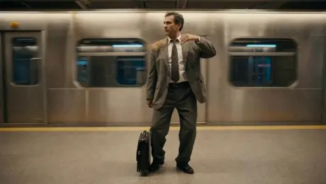 He glances left and right confirming he's alone, then absolutely loses it — full arm waves, footwork, lip-syncing to something — then the subway doors open and a family walks in. He freezes instantly, straightens his tie, stares at the ceiling, completely still.