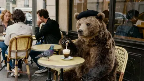 The bear delicately lifts the tiny espresso cup to its mouth with two claws, drinks it in one gulp, then lets out a massive roar — the pigeons explode into the air, but the other patrons don't even look up from their newspapers