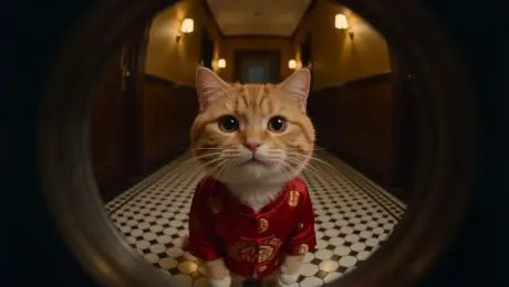 Fixed fisheye lens looking downward through a circular hole, mimicking a door peephole (referencing the fisheye lens from Video 1). A cute kitten in red New Year's clothes looks at the lens with a smiling mouth, set in a vintage hallway with deep yellow walls, black-and-white polka-dotted floor tiles, and warm yellow wall lamps. Lens distortion creates spatial convergence (action referencing Video 2). The kitten says, "Happy New Year! Open the door, Seedance is here!"