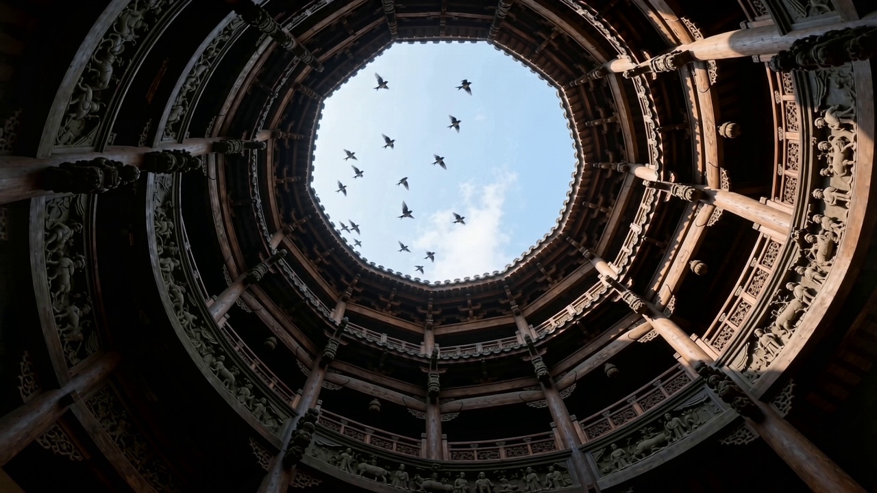 Referencing the rotating camera movement in Video 1, generate a skywell (courtyard) looking upward from inside an ancient Chinese architectural structure. The deep, octagonal wooden dome structure is covered with intricate wood carving details. The layered beam frames and delicate hanging flower carvings reveal a rustic, solid texture through the contrast of light and shadow. The opening at the center of the dome frames the clear blue sky and white clouds. A flock of birds flies across the sky, referencing Video 2, creating a tranquil and far-reaching Chinese aesthetic atmosphere that connects heaven and earth.