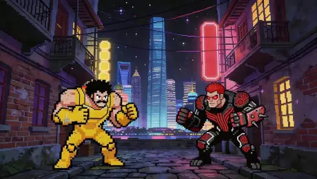 Referencing the character movements and camera language from Video 1, generate a fight scene between Image 1 and Image 2. The background of the fight is Image 3. The fight process should mimic a pixel game, with combat sound effects accompanying the fighting actions.