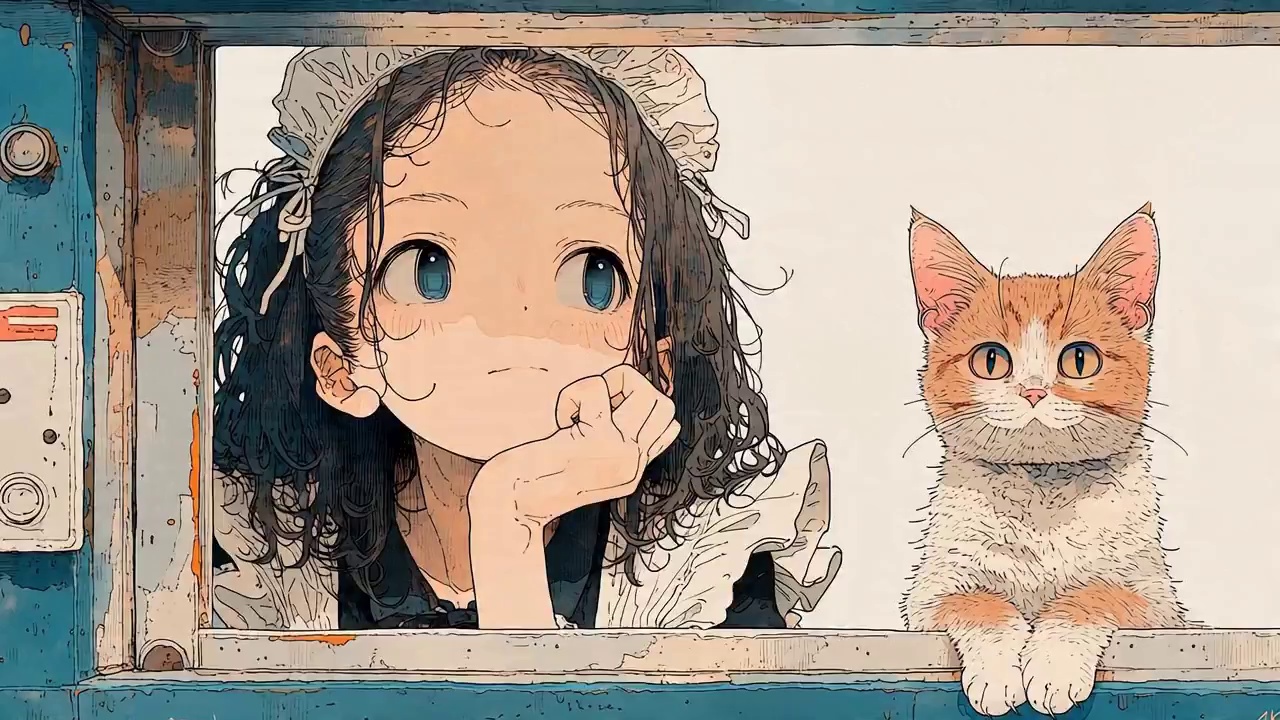 A cheerful anime girl with curly dark hair and blue eyes, dressed in a classic black and white maid outfit, playfully slides a weathered window pane open and shut while interacting with a curious ginger and white cat. The scene takes place at a rustic, teal-colored window frame with peeling paint, set against a minimalist, cream-colored background. A static medium shot at eye level captures the charming interaction, focusing on the window's mechanical movement and the characters' expressive faces. The visual style is a hand-drawn 2D anime aesthetic with delicate line art and soft watercolor textures, featuring bright, even lighting and a warm, nostalgic color palette.