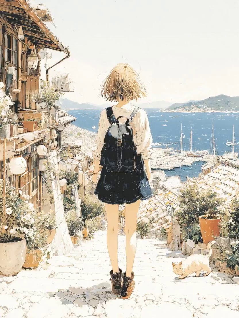 An anime-style young woman in an orange bomber jacket mounts a red futuristic cyberpunk motorcycle, dons a cat-eared helmet, and accelerates through a ruined cityscape with a white cat perched behind her. The environment is a sprawling post-apocalyptic metropolis featuring crumbling skyscrapers, lush overgrown vegetation, and fractured elevated highways under a bright, clear sky. Dynamic tracking shots follow the high-speed maneuver, transitioning from low-angle mechanical close-ups of glowing blue thrusters to a dramatic wide-angle slow-motion jump over a broken bridge ramp. The visual style is high-quality 2D cel-shaded anime with clean line art and vibrant, saturated colors, illuminated by harsh midday sunlight and the brilliant orange and blue glow of jet exhausts.