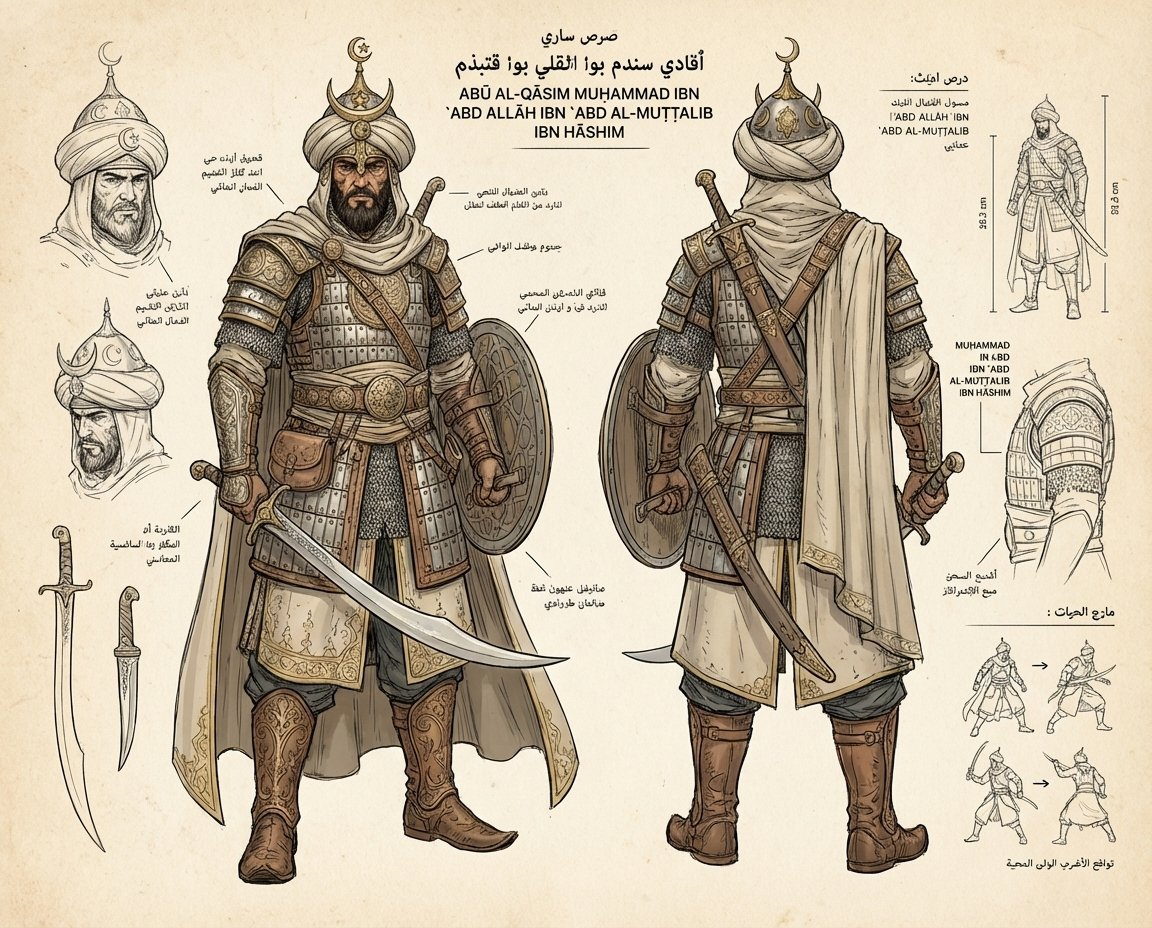 A character concept sheet of a [character], featuring detailed front, back, and side views, along with close-up sketches of facial features, costume details, and accessories. Annotated design notes and clearly labeled components are arranged across the layout, rendered in a refined blueprint style with glowing [color1] accents and a structured [color2] base design, presented on a clean white background with a polished professional character design presentation.