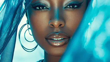 Luxury Glam Beauty Portrait:, Beautiful Black woman, youthful spirit, creamy vanilla, silk press, mahogany red, subtle confidence, textured fabric, sapphire blue, minimal jewelry, beachside breeze, lens flare effect, nostalgic, cinematic lens, symmetrical composition, soft focus, high fashion photography, monochromatic, dewy finish, mysterious tension, layered elements