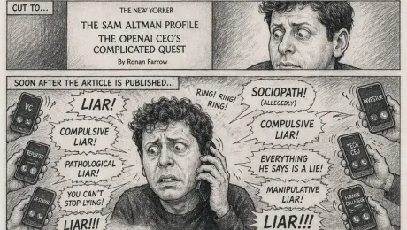 {
  "type": "4-panel vertical comic strip",
  "style": "{argument name=\"art style\" default=\"black and white pencil sketch, crosshatch shading, satirical caricature comic\"}",
  "characters": {
    "subject_1": "{argument name=\"main character\" default=\"Sam Altman\"}, curly hair, casual sweater",
    "subject_2": "{argument name=\"interviewer\" default=\"Ronan Farrow\"}, suit, tie, holding notepad"
  },
  "layout": {
    "panels": [
      {
        "panel_number": 1,
        "top_caption": "SAM ALTMAN THINKS THIS WILL BE A NICE LITTLE PROFILE...",
        "scene": "subject_1 looking smug with hands steepled; subject_2 looking serious taking notes.",
        "thought_bubble": "I'LL BE CHARMING. IT'LL BE A GREAT CHARACTER PIECE. PEOPLE WILL LOVE IT.",
        "center_text": "THE RONAN FARROW INTERVIEW",
        "inset_portraits": {
          "count": 2,
          "labels": ["HARVEY WEINSTEIN EXPOSED", "LESLIE MOONVES EXPOSED"]
        },
        "info_boxes": {
          "count": 3,
          "text": [
            "RONAN FARROW: PULITZER PRIZE-WINNING REPORTER WHO EXPOSED HARVEY WEINSTEIN AT THE NEW YORKER",
            "AND LESLIE MOONVES AT CBS.",
            "POWER. ABUSE. ACCOUNTABILITY."
          ]
        }
      },
      {
        "panel_number": 2,
        "top_caption": "CUT TO...",
        "scene": "Close-up of subject_1 looking shocked and horrified.",
        "article_header": "{argument name=\"publication\" default=\"THE NEW YORKER\"}\nTHE SAM ALTMAN PROFILE\nTHE OPENAI CEO'S COMPLICATED QUEST\nBy Ronan Farrow"
      },
      {
        "panel_number": 3,
        "top_caption": "SOON AFTER THE ARTICLE IS PUBLISHED...",
        "scene": "subject_1 looking extremely stressed, sweating, holding a phone to his ear. Surrounded by 6 hands holding smartphones.",
        "phone_labels": ["VC", "REPORTER", "EX-STAFFEE", "INVESTOR", "TECH CEO", "FORMER COLLEAGUE"],
        "shouts": {
          "count": 8,
          "text": [
            "{argument name=\"main accusation\" default=\"LIAR\"}!",
            "COMPULSIVE LIAR!",
            "PATHOLOGICAL LIAR!",
            "YOU CAN'T STOP LYING!",
            "LIAR!!!",
            "SOCIOPATH! (ALLEGEDLY)",
            "EVERYTHING HE SAYS IS A LIE!",
            "MANIPULATIVE LIAR!"
          ]
        },
        "sound_effects": "RING! RING! RING!"
      },
      {
        "panel_number": 4,
        "top_caption": "AND THE REPORT CONCLUDES...",
        "scene": "subject_1 looking utterly defeated and depressed.",
        "quote_box": "\"ALTMAN FREQUENTLY AND CONSISTENTLY LIES TO INVESTORS, EMPLOYEES, THE BOARD, AND EVEN CLOSE FRIENDS.\"\n\"HE APPEARS TO HAVE NO COMFORT TELLING FALSEHOODS.\"\n\"HE IS, BY MANY ACCOUNTS, A COMPULSIVE LIAR AND A SOCIOPATH.\"\n(ALLEGEDLY)",
        "thought_bubble": {
          "scene": "Happy subject_1 holding a 'WORLD'S BEST CEO' mug.",
          "text": "I THOUGHT IT WOULD BE A NICE LITTLE PROFILE...",
          "sparkle_words": {
            "count": 4,
            "text": ["GENIUS!", "VISIONARY!", "INSPIRING!", "BRILLIANT LEADER!"]
          }
        },
        "bottom_caption": "INSTEAD, IT'S THE PROFILE THAT EXPOSES HIM."
      }
    ]
  }
}