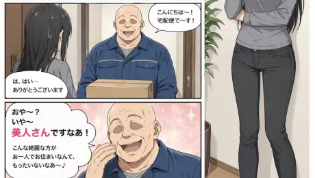 Generates a full-color, 5-panel manga page depicting a woman's uncomfortable encounter with an overly enthusiastic delivery worker.

{
  "type": "manga page",
  "style": "anime illustration, full color",
  "characters": {
    "woman": {
      "appearance": "long {argument name=\"hair color\" default=\"black\"} hair, purple eyes",
      "outfit": "{argument name=\"shirt color\" default=\"grey\"} long-sleeve shirt, dark grey skinny jeans, barefoot"
    },
    "delivery_man": {
      "appearance": "bald, older man, thick eyebrows",
      "outfit": "blue work jacket over a grey shirt"
    }
  },
  "layout": {
    "description": "Page split vertically. Left side contains 4 stacked horizontal panels. Right side is a single tall vertical panel.",
    "left_column_panels": [
      {
        "panel_number": 1,
        "scene": "Woman sitting on a grey sofa in a living room, holding a white mug.",
        "text_elements": [
          { "type": "speech_bubble", "text": "?" },
          { "type": "sound_effect", "text": "ピンポーン♪", "description": "doorbell ringing" }
        ]
      },
      {
        "panel_number": 2,
        "scene": "Woman opening the front door. Delivery man standing outside holding a cardboard box, smiling.",
        "text_elements": [
          { "type": "speech_bubble", "speaker": "delivery_man", "text": "{argument name=\"delivery greeting\" default=\"こんにちは〜！宅配便で〜す！\"}" },
          { "type": "speech_bubble", "speaker": "woman", "text": "は、はい…ありがとうございます" }
        ]
      },
      {
        "panel_number": 3,
        "scene": "Close-up of the delivery man laughing enthusiastically with a sparkly pink background.",
        "text_elements": [
          { "type": "speech_bubble", "speaker": "delivery_man", "text": "{argument name=\"creepy compliment\" default=\"おや〜？いや〜美人さんですなあ！こんな綺麗な方がお一人でお住まいなんて、もったいないなあ〜♪\"}" }
        ]
      },
      {
        "panel_number": 4,
        "scene": "Close-up of the woman looking disgusted and uncomfortable, sweating slightly. The back of the delivery man's head is visible in the foreground.",
        "text_elements": [
          { "type": "speech_bubble", "speaker": "delivery_man", "text": "それにしてもお肌が綺麗！スタイルも抜群だし〜モデルさんみたいですよ！" },
          { "type": "thought_bubble", "speaker": "woman", "text": "{argument name=\"woman reaction\" default=\"え…？何この人…ちょっと気持ち悪いかも…\"}" },
          { "type": "caption_box", "text": "この後も延々と褒め続ける配達員だった…" }
        ]
      }
    ],
    "right_column_panel": {
      "panel_number": 5,
      "scene": "Full-body portrait of the woman standing indoors, looking annoyed and suspicious with her arms crossed.",
      "text_elements": [
        { "type": "thought_bubble", "speaker": "woman", "text": "誰かしら…？" }
      ]
    }
  }
}