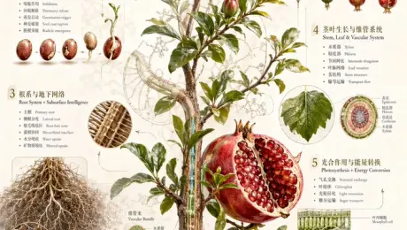Generates a highly detailed, vintage-style botanical infographic detailing the complete life cycle and anatomy of a plant.
{
  "type": "scientific botanical infographic poster",
  "subject": "{argument name=\"plant species\" default=\"Pomegranate (Punica granatum)\"}",
  "style": "vintage botanical illustration mixed with modern infographic design, highly detailed, {argument name=\"color palette\" default=\"earthy greens, deep reds, parchment background\"}",
  "header": {
    "main_title": "{argument name=\"main title\" default=\"植物生命路径剖面\"}",
    "english_title": "{argument name=\"english title\" default=\"BOTANICAL GROWTH ATLAS\"}",
    "subtitle": "从种子到果实，一株植物如何展开自己 / FROM SEED TO FRUIT"
  },
  "centerpiece": "full plant showing extensive root system, woody stem, green leaves, blooming red flowers, and ripe fruits including one halved to show seeds",
  "layout": {
    "numbered_sections": [
      { "number": 1, "title": "种子结构 / Seed Architecture", "content": "cross-section of a single seed with 6 labeled parts" },
      { "number": 2, "title": "萌发机制 / Germination Mechanism", "content": "sequence of 5 sprouting seeds showing radicle emergence" },
      { "number": 3, "title": "根系与地下网络 / Root System + Subsurface Intelligence", "content": "detailed root network with 2 circular microscopic cross-sections showing vascular bundles and hyphae" },
      { "number": 4, "title": "茎叶生长与维管系统 / Stem, Leaf & Vascular System", "content": "leaf detail and circular stem cross-section with 5 labeled layers" },
      { "number": 5, "title": "光合作用与能量转换 / Photosynthesis + Energy Conversion", "content": "3D cellular cross-section of a leaf showing mesophyll and chloroplasts, plus a chemical equation diagram" },
      { "number": 6, "title": "花芽分化与开花机制 / Bud Formation + Blooming", "content": "detailed flower cross-section showing stamen and ovary, plus a 4-season timeline" },
      { "number": 7, "title": "授粉与结果路径 / Pollination + Fruiting Pathway", "content": "bee approaching a flower cross-section, followed by a sequence of 5 stages of ovary development into a fruit" },
      { "number": 8, "title": "果实成熟与种子循环 / Fruit Maturation + Seed Cycle", "content": "ripe fruit breaking open, seeds dispersing downwards to a new sprout" }
    ],
    "additional_elements": [
      { "position": "bottom left", "title": "环境触发因素 / Environmental Triggers", "content": "grid of 6 weather/environmental icons and 6 nutrient element icons (N, P, K, Ca, Mg, Fe)" },
      { "position": "bottom edge", "title": "Growth Timeline", "content": "linear sequence of 19 small plant icons showing the complete life cycle from seed to mature plant" }
    ],
    "footer_quote": "{argument name=\"bottom quote\" default=\"理解植物，就是理解生命如何在时间中构建秩序。\"}"
  }
}